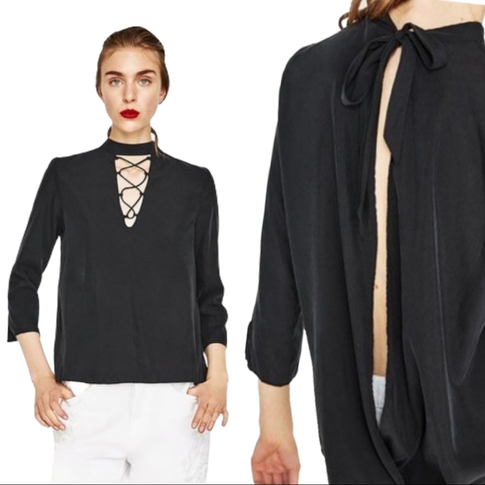 Zara Collection Black V-Neck Choker Lace Up Drape Open Back Blouse Size S